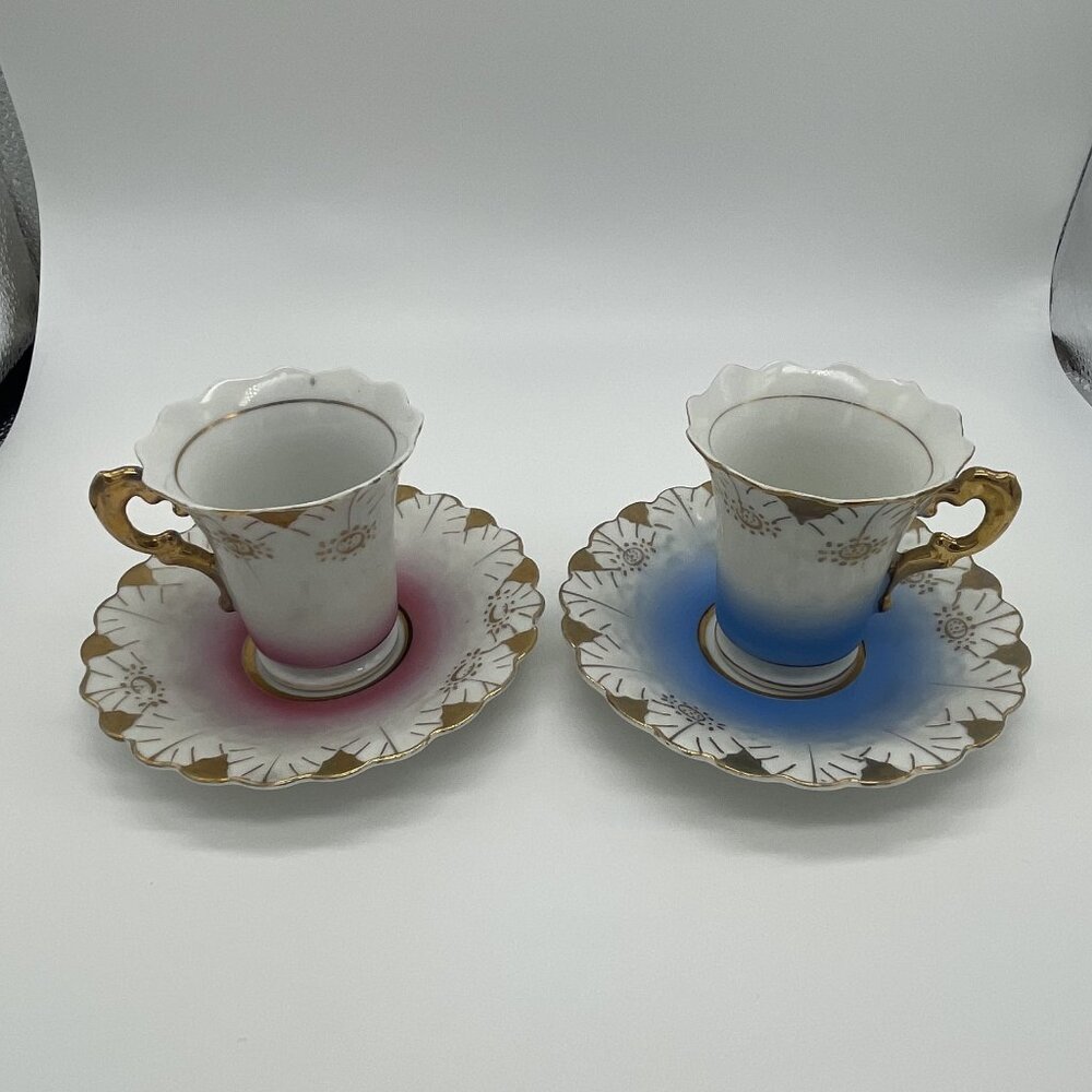 Vintage Set of Two Hand-painted Porcelain Demitasse Cup and Saucer